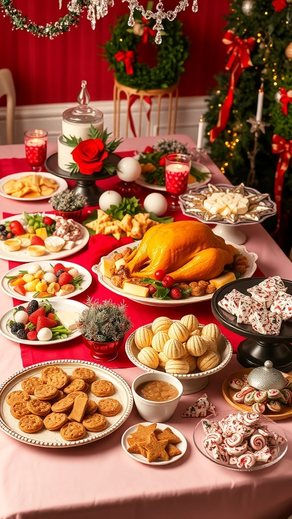 A festive Christmas party food table with appetizers, main dishes, and desserts, decorated for the holiday.